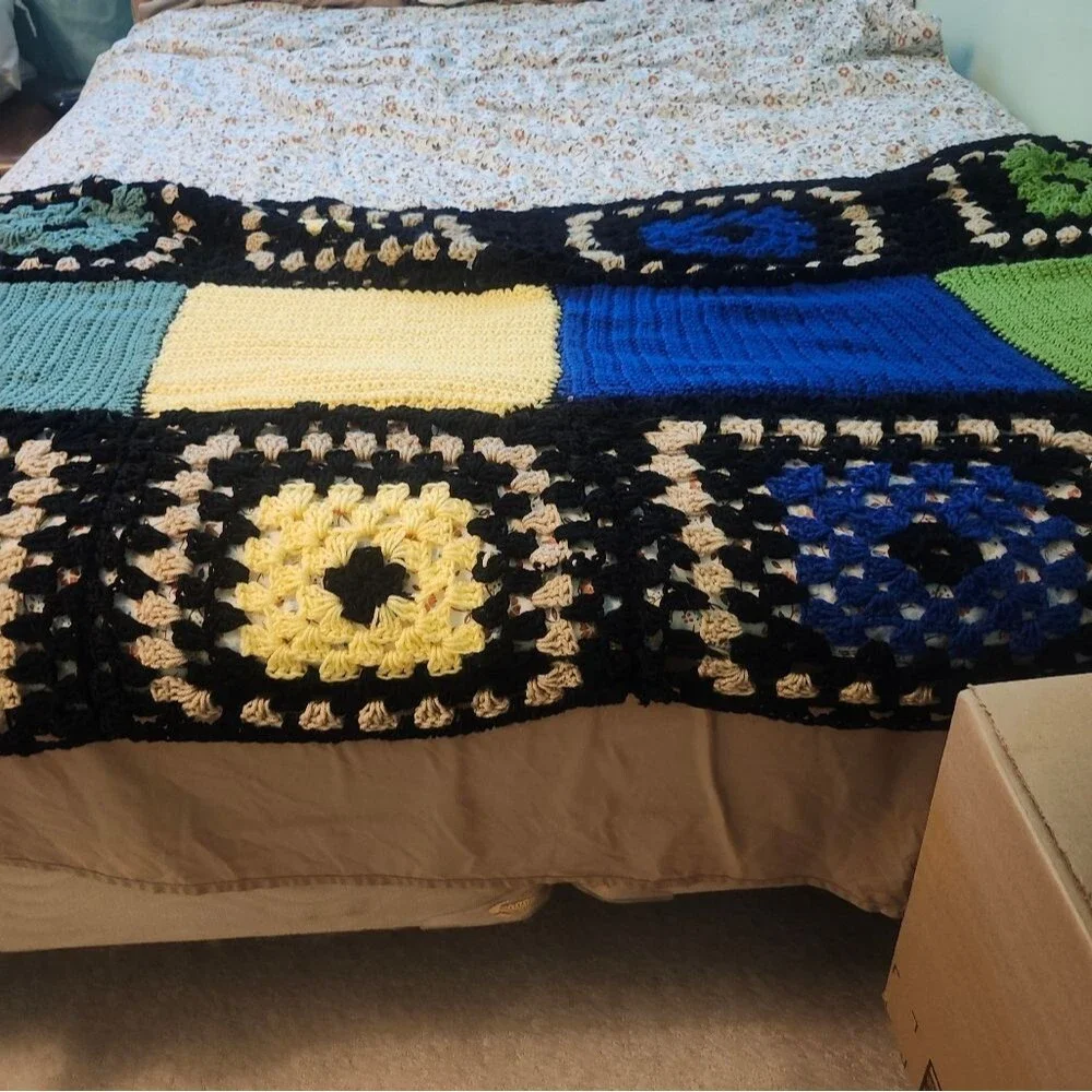 Hand Crafted Crochet Blanket Afghan Granny Square Twin X Long  Multi color 72x32